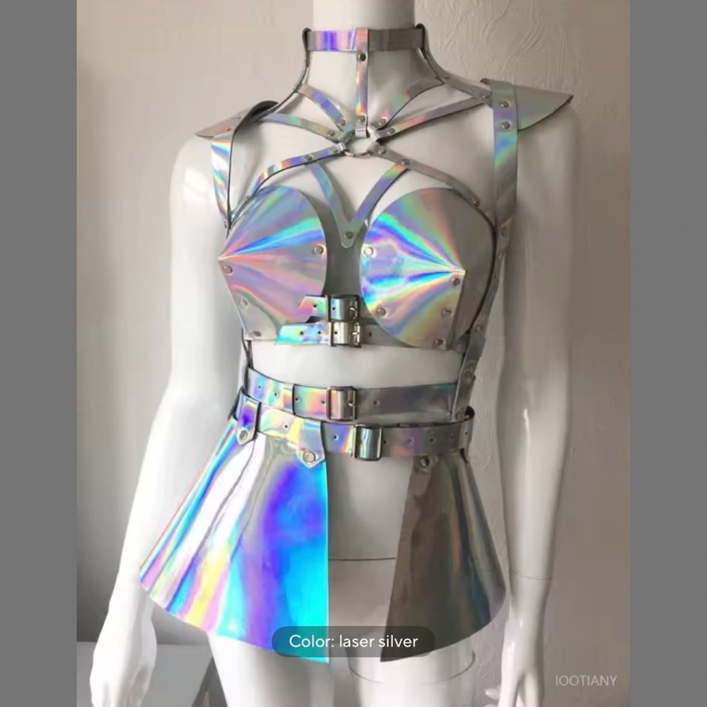 Holographic Laser Silver Armor-Style Top & Skirt Set M